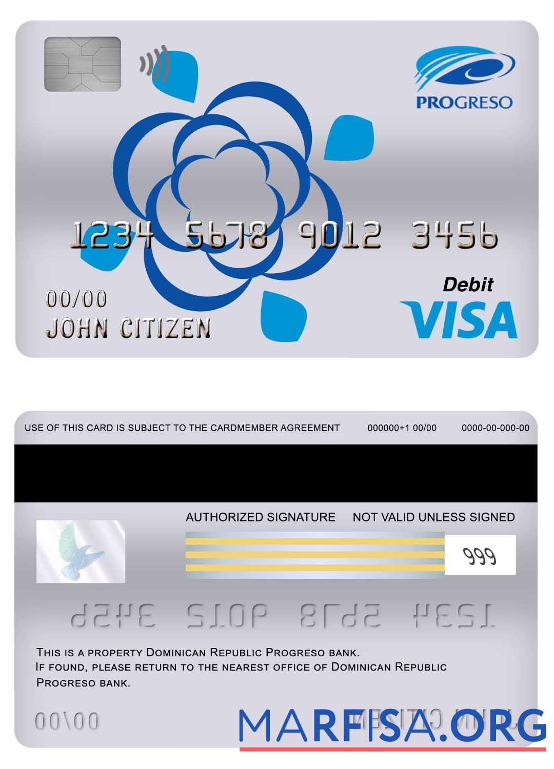 Blank Dominican Republic Progreso bank visa debit card real example